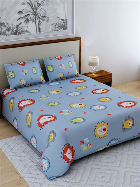 

Salona Bichona Blue Conversational 144 TC Polyester 1 Queen Bedsheet with 2 Pillow Covers