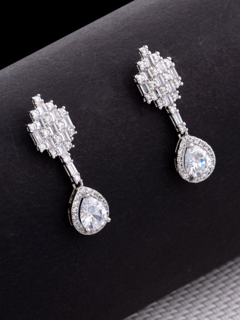 

Studio Voylla Rhodium-Plated White CZ Studded Contemporary Drop Earrings