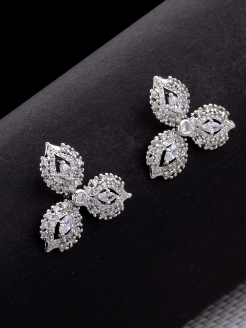 

Studio Voylla Rhodium-Plated White CZ Studded Floral Drop Earrings