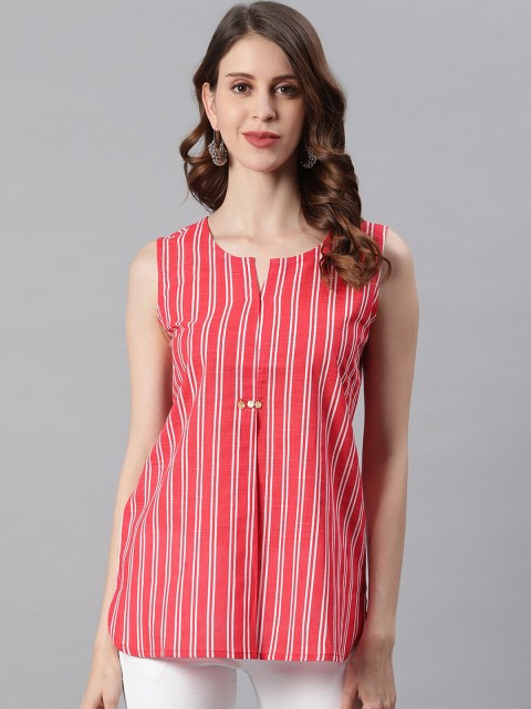 

Janasya Women's Red & White Striped Cotton Tunic