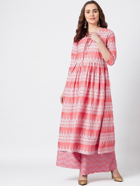 

PANIT Women Coral Pink & White Printed Kurta with Trousers