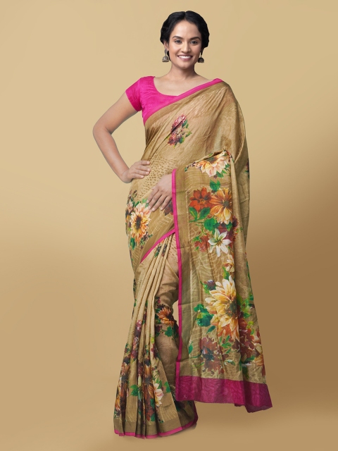 

Unnati Silks Brown Silk Blend Printed Block Print Saree