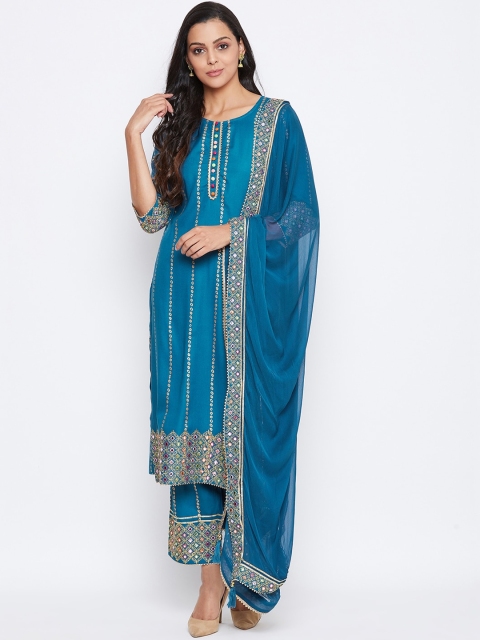 

Prakhya Women Blue & Gold-Toned Striped Kurta with Trousers & Dupatta
