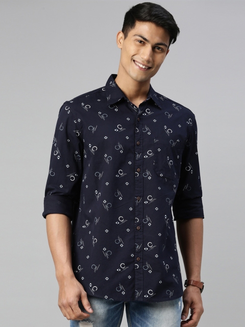 

William White Men Navy Blue Slim Fit Printed Casual Shirt
