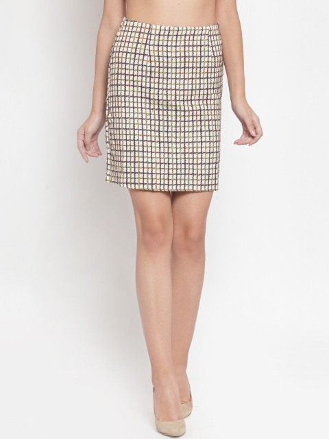 

Global Republic Women White & Maroon Self-Checked Straight Skirt