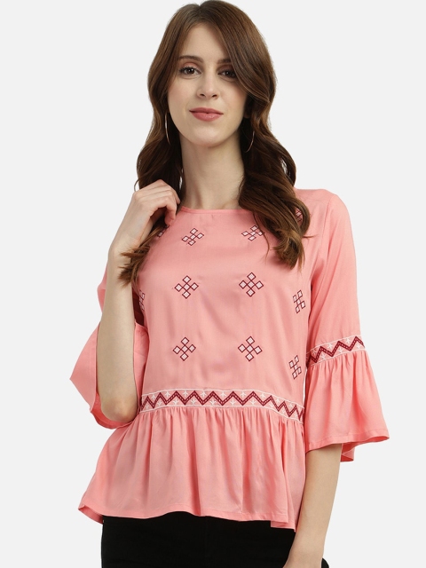 

V2 Value & Variety Coral Geometric Embroidered Peplum Top