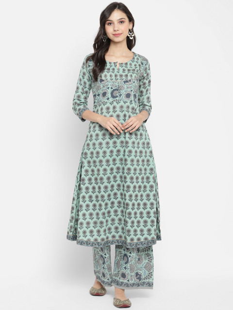 

ZOEYAMS Women Green Geometric Keyhole Neck Cold-Shoulder Sleeves Anarkali Kurta