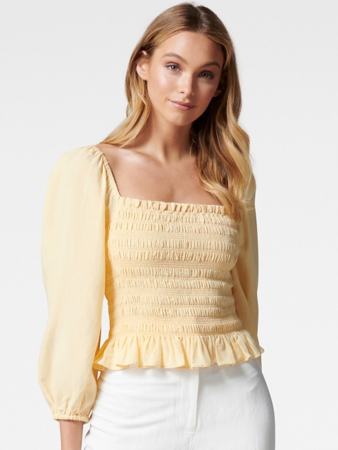 

Forever New Yellow Bishop Sleeves Smocked Fitted Crop Top