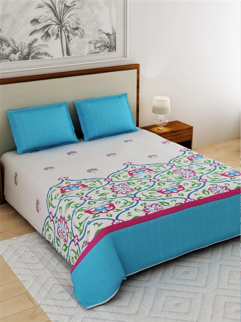 

Salona Bichona Off-White & Turquoise Blue Ethnic Motifs 180 TC Cotton 1 King Bedsheet with 2 Pillow Covers