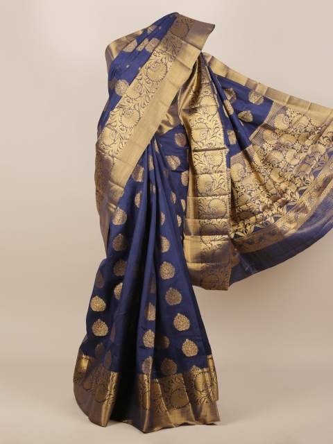 

Pothys Navy Blue & Gold-Toned Jute Silk Woven Design Saree
