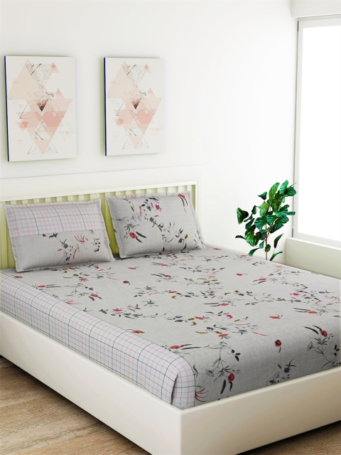 

Salona Bichona Grey Floral 104 TC Cotton 1 Queen Bedsheet with 2 Pillow Covers