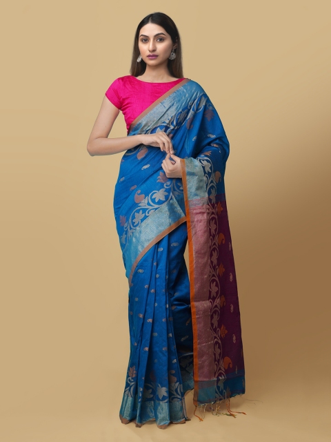 

Unnati Silks Blue & Burgundy Pure Linen Woven Design Jamdani Saree