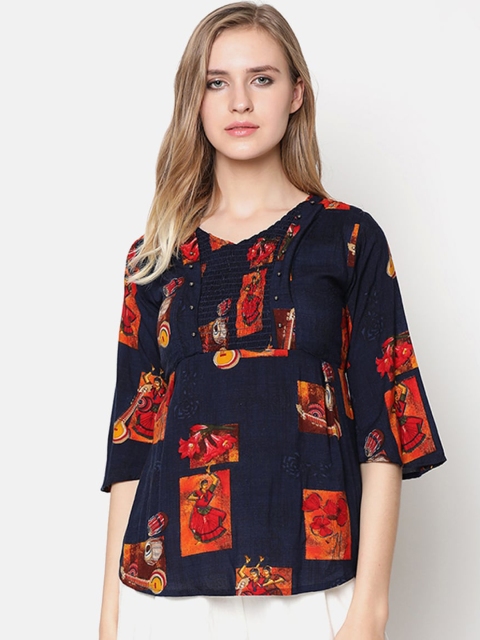 

V2 Value & Variety Navy Blue Ethnic Motifs Printed Regular Top