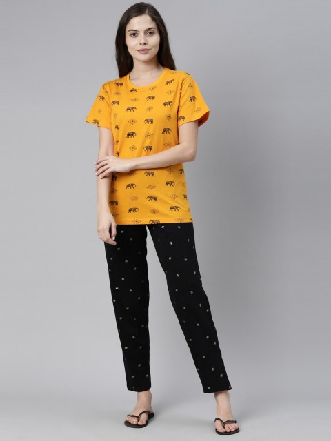 

Kryptic Women Mustard & Black Printed Night suit