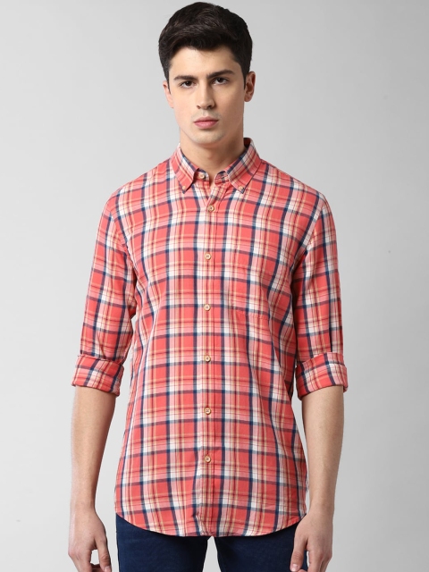 

Peter England Elite Men Peach-Coloured & Navy Blue Slim Fit Checked Casual Shirt
