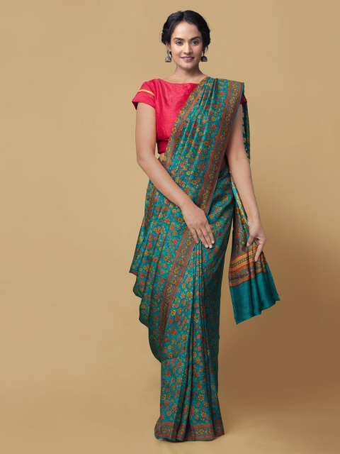 

Unnati Silks Teal Green & Brown Pure Silk Printed Tussar Handloom Saree