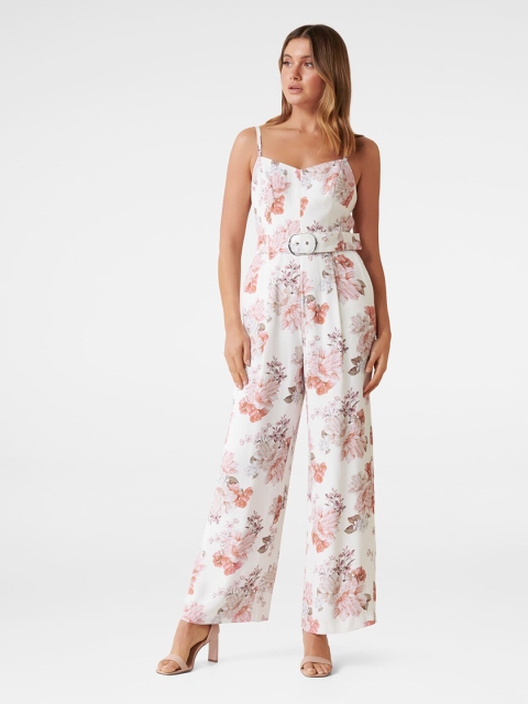 

Forever New Women White & Peach-Coloured Printed Basic Jumpsuit