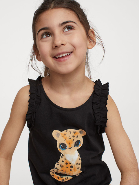 

H&M Girls Black Printed Frill-Trimmed Cotton Jersey Top