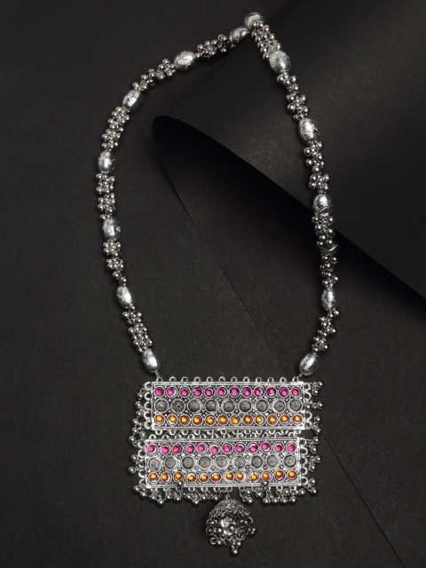 

NEUDIS Silver-Toned & Pink Alloy Rhodium-Plated Oxidised Necklace