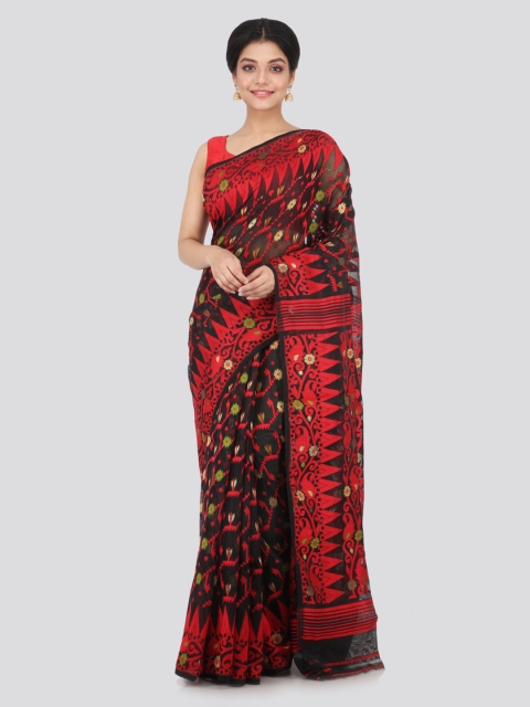

PinkLoom Black Pure Cotton Woven Design Handloom Jamdani Saree