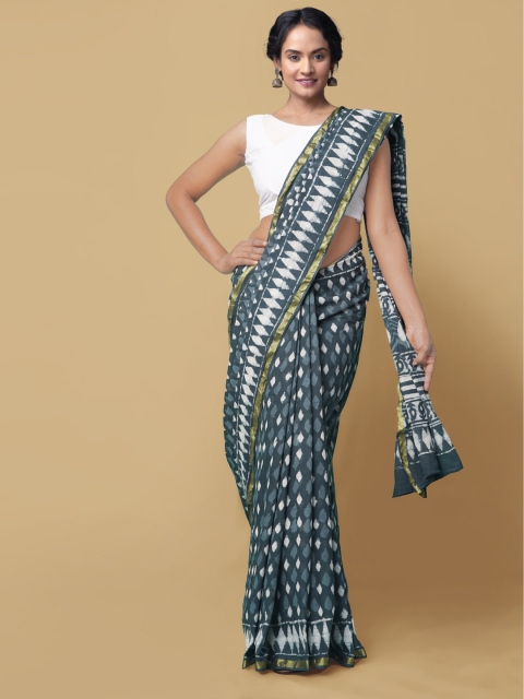 

Unnati Silks Charcoal Grey & White Pure Cotton Printed Dabu Handloom Saree