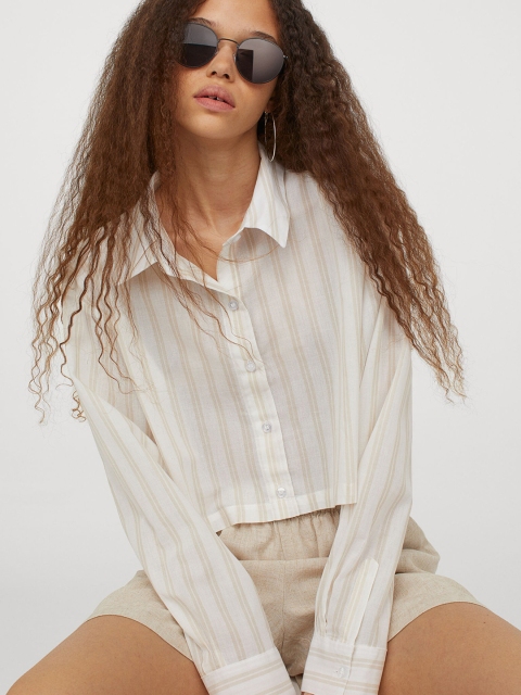 

H&M Women White & Beige Striped Cropped Cotton Shirt, Off white