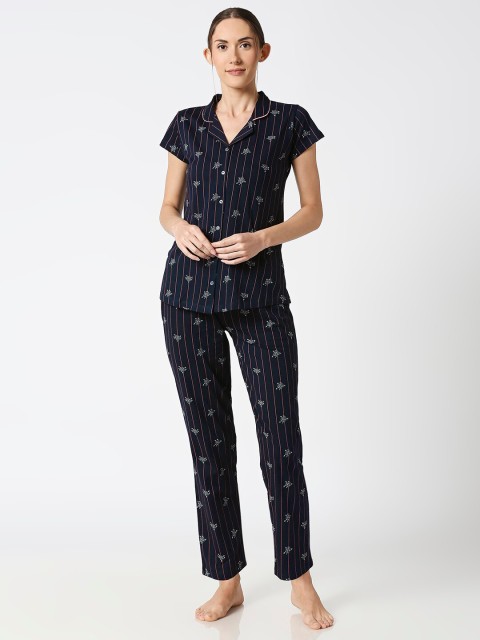 

AV2 Women Navy Blue & Pink Printed Night suit