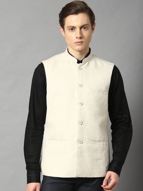

HARSAM Men Off-White & Black Geometric Print Cotton-Linen Nehru Jacket