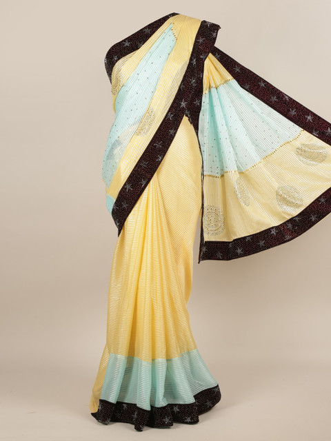

Pothys Blue & Yellow Poly Chiffon Striped Saree