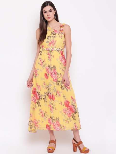 

Ashnaina Women Yellow & Pink Printed Midi A-line Dress with Belt