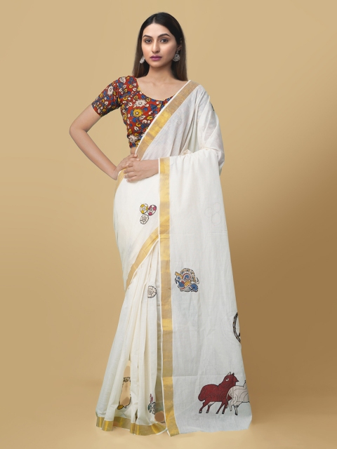 

Unnati Silks White & Maroon Pure Cotton Printed Kasavu Handloom Saree