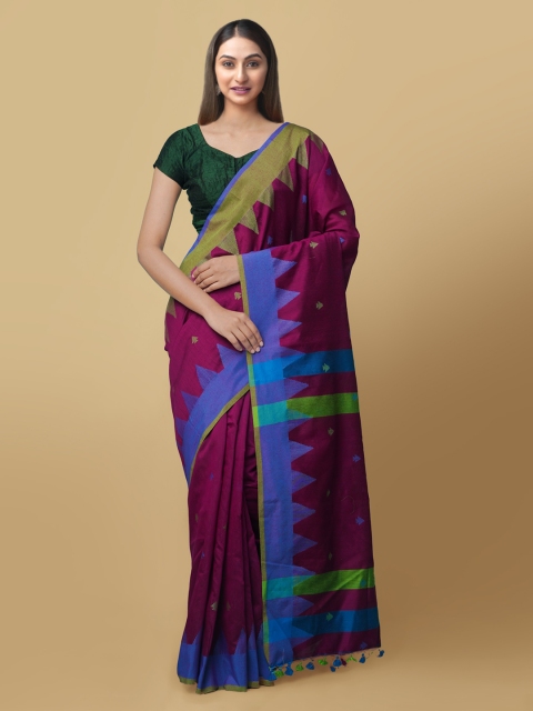 

Unnati Silks Burgundy & Blue Pure Linen Woven Design Jamdani Saree