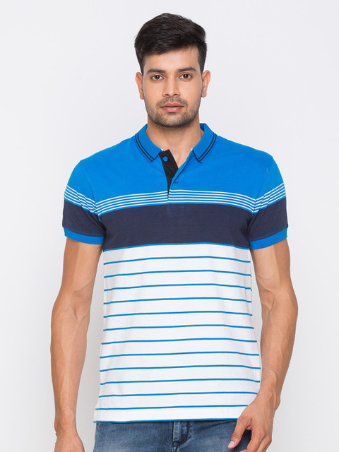 

Globus Men Blue & White Cotton Striped Polo Collar T-shirt