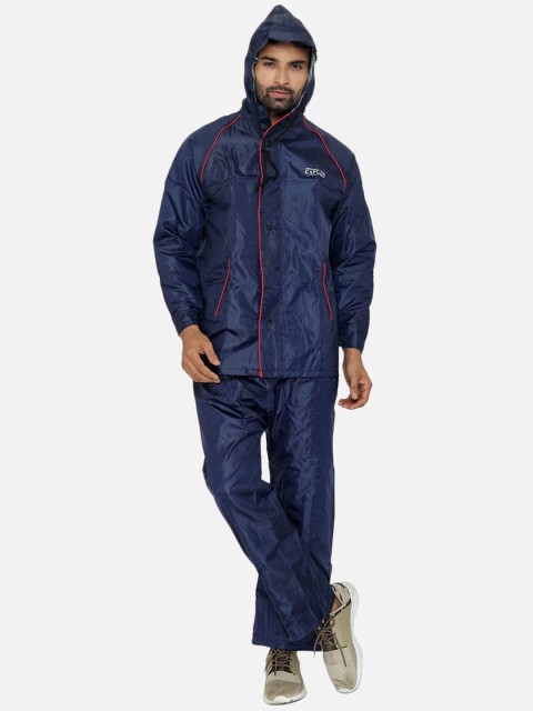 

THE CLOWNFISH Men Navy Blue Solid Reversible Waterproof Hooded Rain Suit
