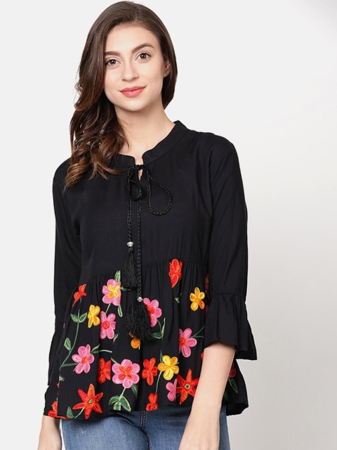 

V2 Value & Variety Black Floral Embroidered Tie-Up Neck A-Line Top
