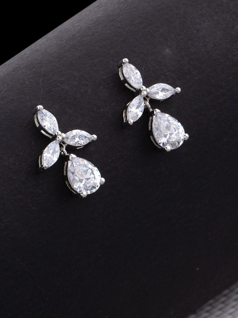 

Studio Voylla Rhodium-Plated White CZ Studded Floral Drop Earrings