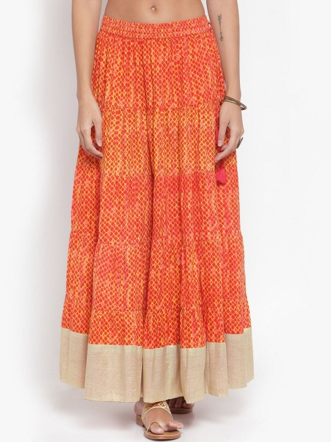 

KSUT Women Orange & Beige Printed Pure Cotton Flared Tiered Maxi Skirt