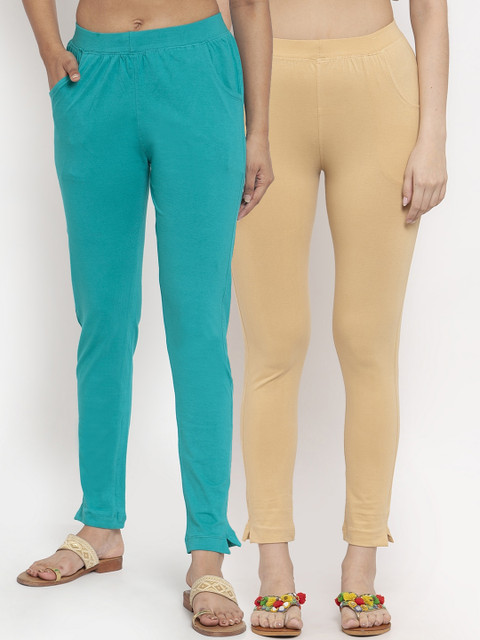 

TAG 7 Women Pack Of 2 Solid Straight-Fit Ankle-Length Leggings, Turquoise blue