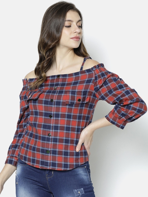 

V2 Value & Variety Red & Blue Checked Off-Shoulder Bardot Top