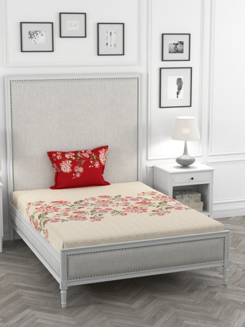 

Portico New York Off-White & Pink Floral 144 TC Cotton 1 Single Bedsheet with 1 Pillow Covers