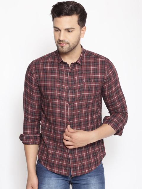

SHOWOFF Men Brown & Black Cotton Classic Slim Fit Checked Casual Shirt