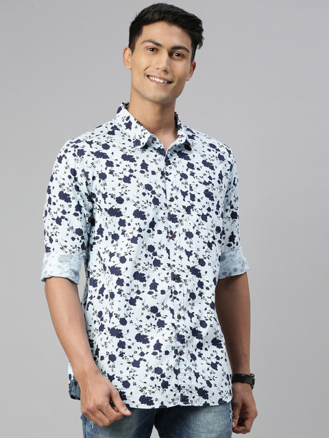 

William White Men White & Navy Blue Slim Fit Floral Printed Casual Shirt
