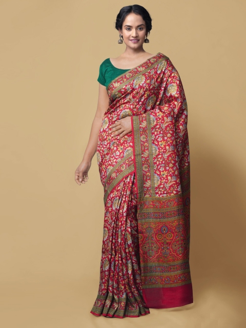 

Unnati Silks Red & White Pure Silk Printed Tussar Handloom Saree