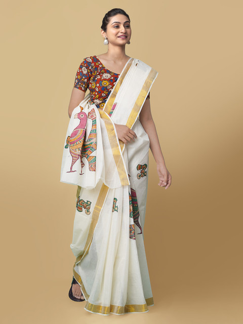

Unnati Silks White Pure Cotton Printed Kasavu Handloom Saree