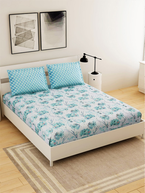 

Salona Bichona White & Blue Floral 104 TC Cotton 1 Queen Bedsheet with 2 Pillow Covers
