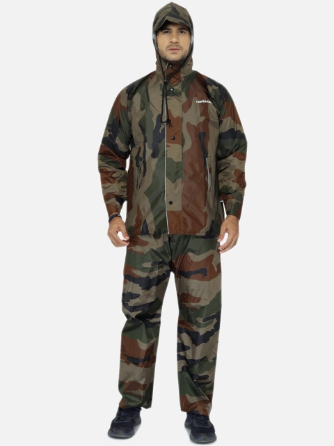 

THE CLOWNFISH Men Brown & Olive-Green Camouflage Printed Hooded Rain Suit