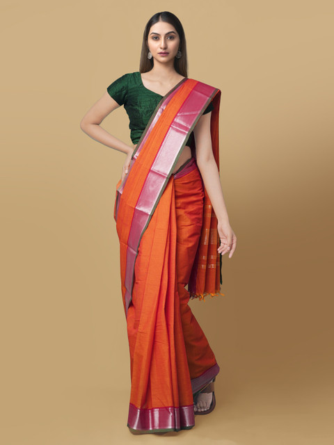 

Unnati Silks Orange Pure Cotton Solid Chettinad Saree