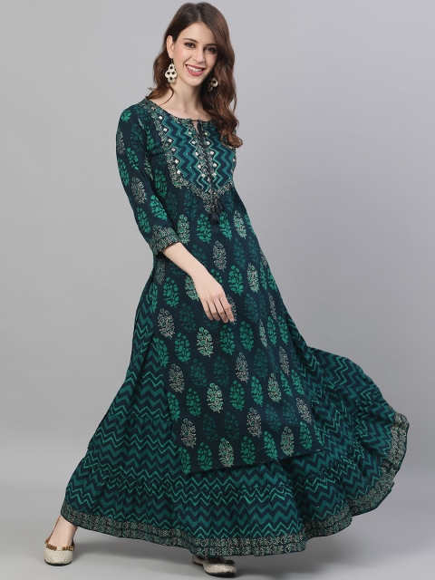 

Ishin DESIGNER STUDIO Women Navy Blue & Green Printed Kurta with Skirt