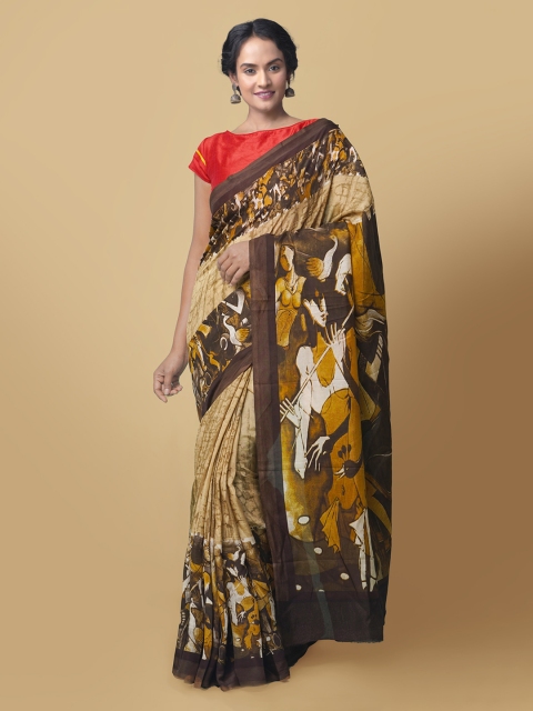 

Unnati Silks Brown Silk Blend Printed Block Print Saree