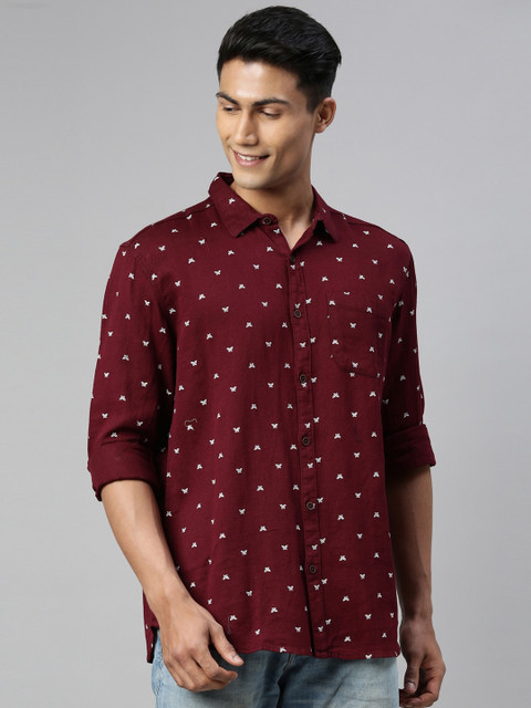 

William White Men Maroon Slim Fit Printed Twill Weave Casual Shirt